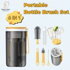 6 in 1 Baby Bottle Brush Set Travel Infant Silicone Cleaner Tool Portable Travel Bottle Brush for Mom