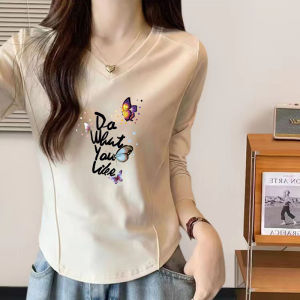 Áo thun cotton nguyên chất dài tay cho nữ Áo sơ mi đế dài ngắn cổ chữ V thời trang cho mùa thu đông