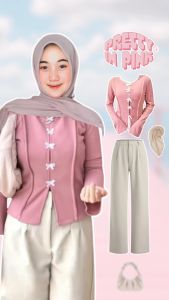 Cardigan Korea Style One Set (Blouse Pita + Celana Ivory + Hijab + Tas Aesthetic) AM180N