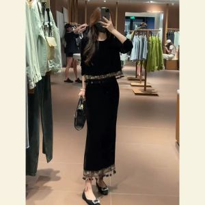 SHANGSHA | Autumn Elegance Powerful Bossy Luxurious Minimalist High-class Audrey Style Black Velvet Dress Set
