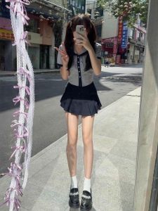 College Style Short Sleeve Skirt Set Cute Pleated Mini Skirt And Top Two Piece Set Summer Fashion Womens Clothing Set