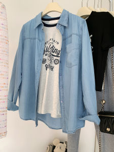 Áo sơ mi nữ AMILUCK denim cổ polo tay dài dáng rộng mỏng