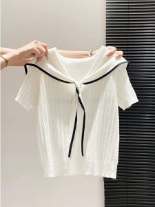Loowmane | Youthful Skinny Flattering Sailor Collar Tie Detail Korean Style College Short Sleeve Top
