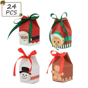 24PCS Christmas Candy Boxes4 Styles Christmas Treat Gift Boxes Xmas Paper Boxes with Ribbon Candy Shape Small Sweet Boxes