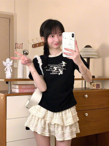 Áo Thun Nữ Cổ Tròn Ren Viền Thắt Nút Bướm in Chữ Tay Ngắn Cạp Cao Phong Cách Ngọt Ngào Ngắn Mùa Hè Cotton Mềm Mại