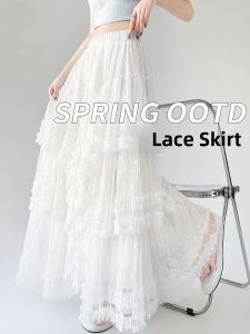 miiow | High Waist Lace Trim Cake Skirt Womens White Half-length French Style Long Dress Full A-Line Skirt MiiOW Princess Sweet Style