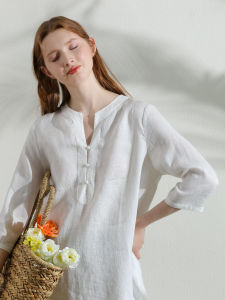 Miccbeirn | Comfortable Linen Womens T-shirt Heavy Embroidery Glittering Loose Vintage Style Top Breathable Artistic White Casual Wear