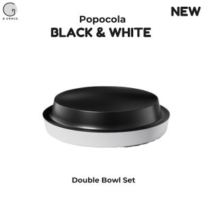 Popocola Black & White Double Pet Food Bowl / Pet Feeding Bowl Set  -  Whiskers Stress / Whiskers Fatigue Protection