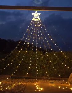 LED Star Waterfall Lights - ไฟพลังงานแสงอาทิตย์ควบคุมระยะไกล นำแสงน้ำตกดาวห้าแฉก ไฟคริสต์มาส ตะเกียงน้ำ ดาวตก ลานด้านนอก