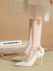 Wide Width High Heels Pearl Detail Butterfly Knot Silk Ribbon Pointed Toe Thin Heel Elegantly Designed Fashionable Wedding Shoes