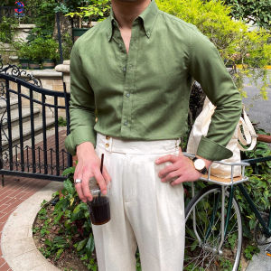 Mr. Lusan Men Cotton and Linen Casual Pure Color Long Sleeves Shirt K-style Business British Style All-Matching Slim Fit Shirt Trendy Men