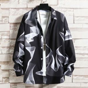 Dark Style Long Sleeve Loose Mens Shirt Spring Autumn Casual Youth Fashion Polyester Fiber No Iron Treatment Printed