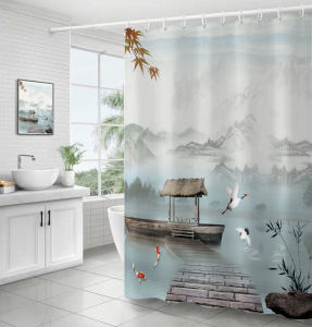 Classical Chinese Landscape Painting Polyester Bathroom Curtain Waterproof Mold Proof Thickened Partition Door Curtain Ring Included