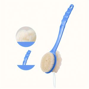 1 Soft Loofah Brush and Bristle Bath Body Brush with Curved Long Handle - Odorless Manual Exfoliating Scrub Suitable for Full