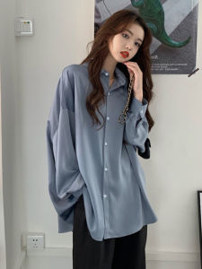 Silk Satin Grey Blue Womens Shirt Spring Summer French Lazy Smooth Drape Anti-Wrinkle Long Sleeve Top Design Unique Outerwear