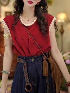 Shalldoer | Retro Hong Kong Style Lace Splicing 3D Embroidery Sleeveless Shirt Unique Beautiful Top Summer Color Block Korean Loose Fit Button Up Round Neck