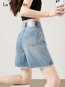 La Chapelle | Light Blue Lace Trimmed Womens Denim Shorts