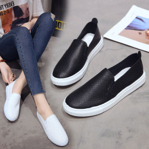 Breathable Casual White Shoes for Women Student Style Black Flat Bottom Lazy Person Hollow out Leisure Shoes round Toe Flat Heel