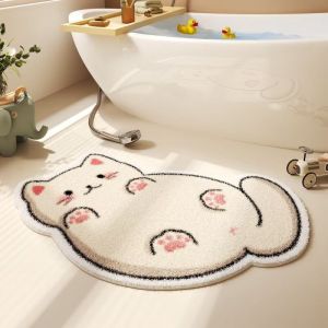 VIKAMA White Cat Bath Mat Lying Irregular Shape Absorbent Non Slip Bathroom Rug For Shower Tub Toilet Floor Kawaii Home Decor