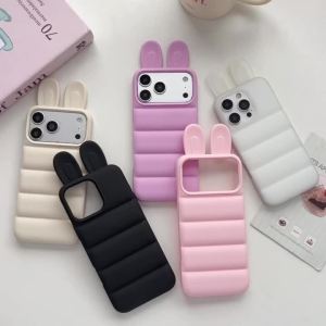 EOENKK | INS 3D Bunny Ear Down Jacket Silicone Phone Case For iPhone 12 13 14 15 16 17 Pro Max 14 15 16 17 Pro Shockproof Back Cover