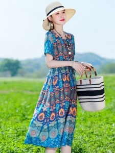 Cotton Silk Maxi Dress Womens Summer New Fashion Middle-aged Mom Elegant Youthful Ethnic Style Beach Skirt A-Line Silhouette