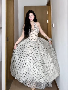 XZY French Style V-Neck Polka Dot Hanging Neck Long Dress Womens plus Size Summer Vacation Backless Waist-Cinching Dress