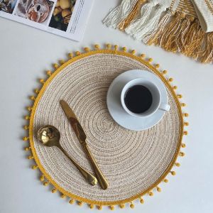 1/6/10 Chiếc Tròn Bện Placemats Với Pompom Thân Thiện Với Môi Trường Dệt Thảm Trải Bàn Cho Ăn Cà Phê Phụ Kiện Nhà Bếp