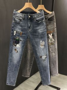 Spring Autumn Mens Slim Fit Casual Embroidered Jeans Elastic Comfortable Lightweight Blue Long Pants Trendy Brand Youthful