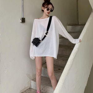 เสื้อถักไหมน้ำแข็งฉลุลายแบบใหม่ฤดูร้อน2023เสื้อคลุมกันแดดใส่ในห้องแอร์แมตช์ง่ายแขนยาวทรงหลวมแบบบางสำหรับผู้หญิงเสื้อ