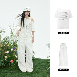 ELEVEN SLEEP Summer White Short Sleeve T-Shirt Womens Original Print Asymmetrical Shoulder Unique Match All Cotton Top