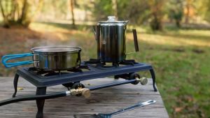 Single/Dual Burner Gas Stove Heavy Duty Butane Camping Stove with Angle Steel Tabletop Gas Stove Bracket High Power Cast Iron Stove Energy Saving Regulator Hose for Patio Camping BBQ Home Brewing Turkey Fry
