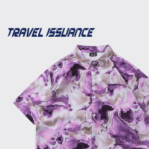 เสื้อเชิ้ตแขนสั้นหลวมๆ สำหรับคู่รัก ดีไซน์ลายวงกลมสีม่วง ทรงหลวมๆ สำหรับฤดูร้อน 2024 ทรงปกติ คอแหลม