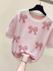 Yao Kexin ผู้หญิงผ้าไหมน้ําแข็งเสื้อถักแขนสั้นเพชรประดับผีเสื้อเสื้อผ้าทํางานเสื้อสวมหัวความหนาปกติ