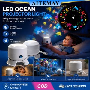 【New Arrival】Aitemay 2pcs LED Ocean Projector Light 360° Rotating Starry Dynamic Atmosphere Lamp Portable Battery Powered Night Light for Living Room Bedroom Decor Party Game Room Ambiance Lighting
