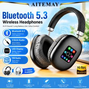 Aitemay Y-267BT Bluetooth 5.3 Tai nghe over ear Tai nghe không dây Màn hình LED FM Đài phát thanh Bass Stereo Hifi có thể gập lại chơi game tai nghe kèm Micro cho PC điện thoại