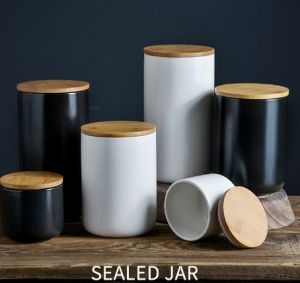 🔥Fast delivery🔥1pcs 陶瓷密封罐 Ceramic Jar and Bamboo Lid Storage Container Kitchen Sealed Jar Ceramic Food Storage Box Dried Fruit Grain Cookie Storage Jar Home Kitchenware Storage Tank Kitchen Accessories 北欧陶瓷密封罐