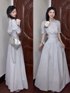 Blue Korean Minimalist Short Sleeve Shirt Set Women Summer Slimming Long Skirt Sweet Style Cotton Blend Polo Neck Daily Wear