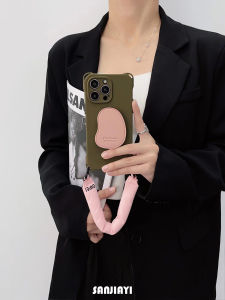 Original Three plus One Cotton Filled Wrist Strap Phone Case for  14 pro Max Anti-Fall Green Leather Stand Vintage Pink