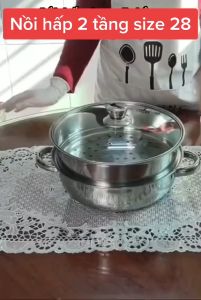 Nồi Hấp Inox 2 Tầng Hotpot Size 28cm Đa Năng Nồi Hấp Bánh Bao Hấp Trứng Bộ Xửng Hấp Inox 28Cm Cao Cấp Nắp Kính Dùng Được Cho Mọi Loại Bếp