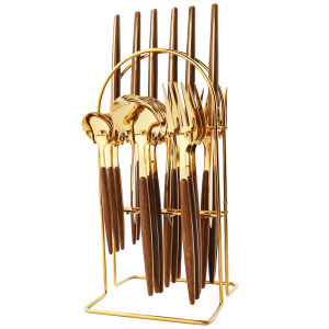 ชุดอุปกรณ์ใช้บนโต๊ะอาหารสแตนเลสสตีลอาหารเย็นสีทองด้ามไม้24ชิ้นพร้อมที่จัดเก็บมีดส้อมช้อนชา Set peralatan Makan ครัว