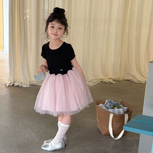 Princess Style Cotton Tulle Skirt Childrens Ballet Puffy Sleeve Short Sleeve Color Block Summer Dress for Girls Kids Clothes