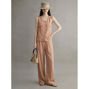 GULILI | Shallow Orange Sleeveless Vest Wide Leg Pants Linen Summer Outfit 2pcs Set