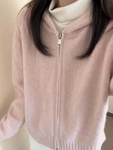 Pink Knitted Open Cardigan Womens Autumn Winter New Loose Korean Style Soft Lazy Double Zipper Sweater Hooded Knitwear