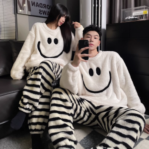 Dày Dặn Cặp Đôi Flannel Đồ Ngủ Nữ Phiên Bản Với Lông Cừu Mùa Thu Mùa Đông Quần Áo Gia Đình Hoạt Hình Bộ Đồ Ngủ Cổ Tròn Họa Tiết