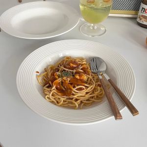 Korean Style Ceramic Deep Soup Plate Steak Pasta Dinnerware Set of Two round Plates Chinese White Porcelain Stripe Pattern