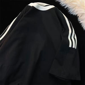 Loose Fit Cotton T-Shirt Mens Short Sleeve Summer Fashion Big Size Top Three Bars Print Knitted Fabric Quick Dry Regular Thickness