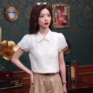 AMMIN 2025 Summer New Simple Lapel Fashion Retro Beaded Plate Buckle Design Single-Breasted Commuter Chiffon Shirt Womens New Chinese Fashion Exquisite Positioning Embroidery Lantern Sleeve Short Sleeve Elegant Blouse