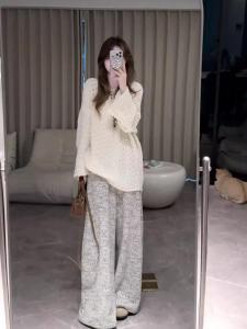 Korean Style High Waist Wide Leg Pants Womens Spring Autumn 2025 Loose Lazy Style Checkered Pattern Casual Trousers