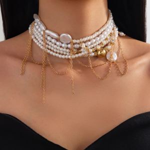 Ingemark Multilayer Imitation Pearl Beaded Choker Necklace Women Baroque Romantic Tassel Collar Necklace Aesthetic Jewelry Gifts