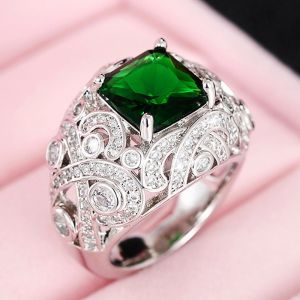 Huitan Fashion Women Finger Rings Elegant Square Green/White CZ Rings for Anniversary Party Fancy Birthday Gift Luxury Jewelry